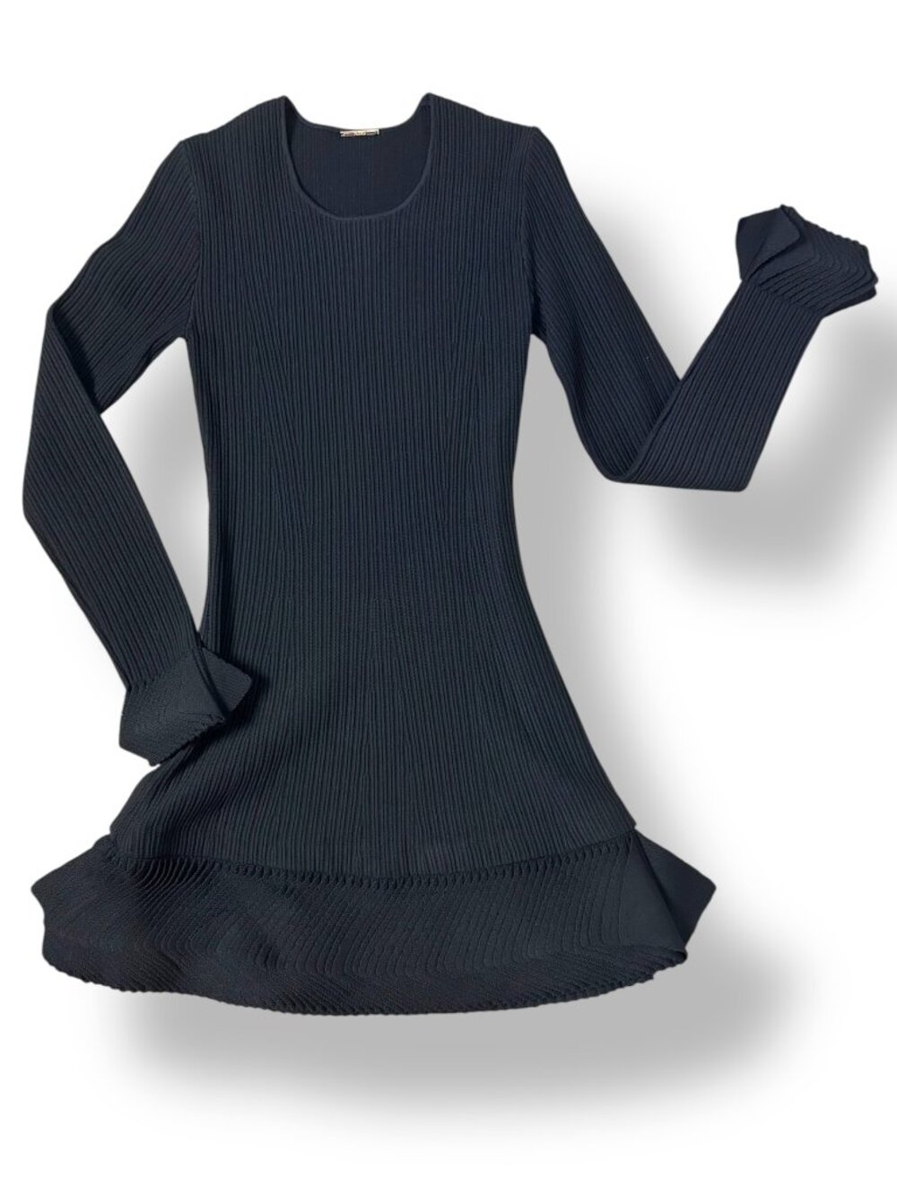 Alexis Bryn Ribbed Knit Mini Dress Black Pointed Folded Hemline Cuffs Sz XS